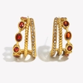 18K gold plated stainless steel triple layer C-shape earrings with red zircon and crystal - Studded Red Zirconia Triple Layer Studs - Gold