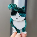 Cute calico cat acrylic brooch with white and emerald green glitter marble textures - Green