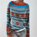 Close-up of geometric jacquard pattern on a colorful knit sweater with crew neck - 3XL / Tops / Blue Pattern (9121#)