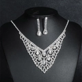 Luxury silver bridal jewelry set with sparkling crystal necklace and teardrop earrings - Dense Rhinestone V-Shape Style (DTN14027272S)