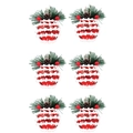 Set of 6 red and white striped Christmas balls with pine needles and small pine cones - 6cm Style 6 (Red White Stripes)
