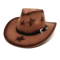 Brown western cowboy hat with star patterns and a leather band on a white background - Khaki