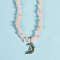 Irregular pink crystal chips necklace featuring a crescent moon face metal pendant - Rose Quartz Moon