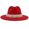 Detailed close-up of luxurious white pearl band on vibrant red wide brim wool fedora hat - Red (Large Pearl)
