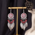 Vintage bohemian tassel earrings in antique silver finish with pink floral center - S4289 Large Red Water Drop Fringe Earrings