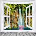 Detalle de un tapiz 3D paisaje de cascada con vegetación exuberante y una flor de loto - 150x130cm / Cascada Loto