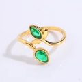 Golden titanium steel open leaf ring with green teardrop gemstones for women - Gold Green Flower Bud Style (JZ28-1)