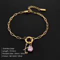 14K vergulde roestvrijstalen armband met roze kristal en hanger met letter - Letter X