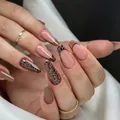 Short almond press-on nails with pink base, brown leopard print, and black French tips - Bz1445 Dark Spots And Lip Lines / Glue Type