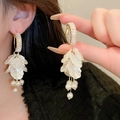 Detail of floral earring with golden crystal stud, white petals, and pearl tassel - 18# 925 Sterling Silver Earring Post - Gold Rhinestone Clasp Faux Pearl Petal Tassel