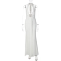 Detail view of white halter dress featuring pleated V-neckline and elegant draped chiffon fabric - S / White