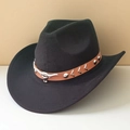 Black wool felt western cowboy hat with brown leather band and silver bull head emblem - M (56-58cm) / Black (Khaki Bull Head Band)