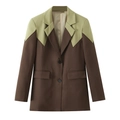 Modischer Patchwork-Blazer in Olivgrün und Dunkelbraun mit Klappentaschen auf weißem Grund - S / Dunkelbraun