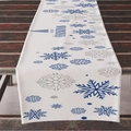 White linen Christmas table runner with blue and grey snowflakes and Merry Christmas text - 33*183cm / White Blue Tree Snowflake