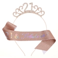 Rose gold 21st birthday set featuring rhinestone crown and 21 & Fabulous sash - One Size / 21st (Glitter) / Rose Gold / AB Color