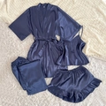 4-piece navy blue satin sleepwear set with robe, camisole, and pants on white faux fur - S / Navy Blue