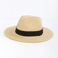 Classic beige straw Panama hat featuring a black ribbon band and breathable wide brim - Adult One Size 56-58cm / Beige