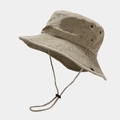 Detail of khaki outdoor fishing hat with wide brim, chin cord and metal eyelets - One Size / Khaki