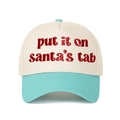 Close-up of red 'put it on santa's tab' 3D embroidery on two-tone baseball cap - Cream/Lake Blue