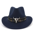 Dark blue felt cowboy hat featuring ethnic band and silver bull skull accessory - One Size 58cm / Bull Head Decor / Navy Blue