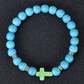 Blue marble stone beaded bracelet with silver spacers and light green cross charm - Blue-Green Turquoise with Green Cross (Style-12)