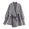 Grey knit cardigan with wide lapels and brown belt showing a long sleeve A-line silhouette - S / Gray