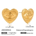 Makroansicht von Herzohrringen mit Evil Eye Motiv und Edelstahlabmessungen in Gold - Herz Böses Auge Stil (JDE0309016) / Gold