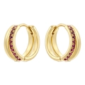 Pendientes de aro dorados de doble fila con cristales de circonita rojo rubí - Chapado en Oro Circonita Rojo Rosa