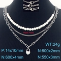 Collar de tres capas en acero inoxidable con perlas blancas y colgante de corazón - Color Acero