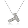 Detail of silver T-letter pendant encrusted with pavé zircons and a matching box chain - Letter T