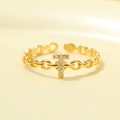 Adjustable golden open ring with hollow T-shaped pattern and shimmering diamond inlay - Gold-Letter T