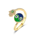 Golden Hamsa hand and Yin Yang spinner ring with green and blue enamel details - Gold AJ703 Hamsa Hand Yin Yang