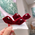 Pair of red velvet bow hair clips with pearls and white pom poms for festive occasions - Style 10: Pair of Wine Red Rabbit Ear Bows
