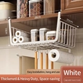White expandable under-cabinet hanging basket with 5 hooks and tissue holder organizer - Classic Medium Size / White