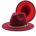 Detail of wool fedora showing burgundy felt, wide brim, and leather strap with gold buckle - Wine Red and Red
