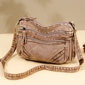 Vintage crossbody bag in brown washed denim with multi-layer zipper and adjustable strap - Brown
