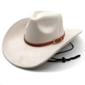 Cream suede western cowboy hat with brown leather band and adjustable chin strap - M (56-58cm) / Beige