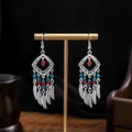 Ethnic style silver earrings with red and teal beads and bohemian feather tassels - Feather Tassel Red/Cyan Beads Style (E6008-3)