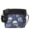 Borsa a tracolla chic in tessuto Oxford nero con stampa teschio e fiori alla moda - Blu