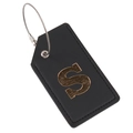 Black leather luggage tag with golden letter S and secure stainless steel wire loop - Letter S