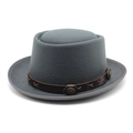 Detail view of the gray wool fedora hat with brown leather band and metal rivets - M (56-58cm) / Gray