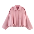 Pink short bomber jacket with shoulder button details and gathered hem on white background - XS / Pink