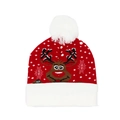 Red and white Christmas knit hat with reindeer pattern and LED light switch - Hat Style 55 (Red White Reindeer)