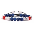 Blue and white stone beaded bracelet with red accents and adjustable black cord - Round Beads Color Block / White Pine Lapis Tricolor