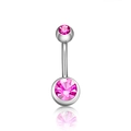 Silver stainless steel belly button ring with double faceted pink round crystals - Rose Red