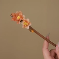 Bamboo style wooden hairpin with pink flower and amber pendant for traditional hairstyles - Pink Amber (S410)