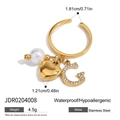 Detail of 18K gold stainless steel ring with pearl, heart, and crystal G letter charms - Heart Pearl Letter G Style (JDR0204008)