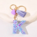 Purple heart glitter letter K keychain with tassel and gold hardware for women - Letter K