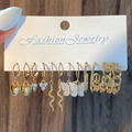 6-pair golden earrings set with heart, snake, butterfly charms and white rhinestones - 33 KC Gold (H-206)