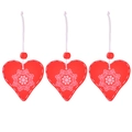 Three red wooden heart ornaments with white snowflake patterns and hanging strings - Red Heart * 3